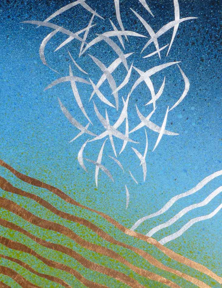 Birth of Flight: acrylic on panel w copper & silver leaf, 24"x18"x1",  2011
