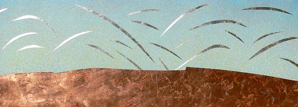 Dreams of Flight: acrylics w silver & copper leaf, 20"x60"x2",  2007(collection of the artist)